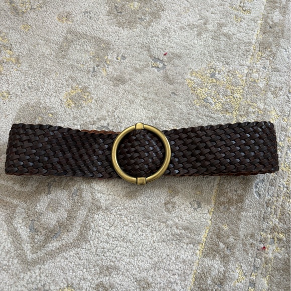 Ann Taylor brown braided leather belt with round brass buckle main image 4